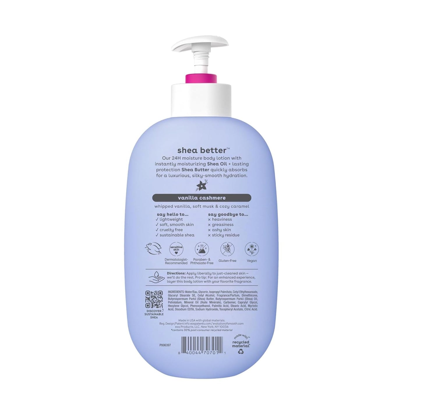 eos Shea Better Body Lotion Vanilla Cashmere, 24-Hour Moisture Skin Care, Lightweight & Non-Greasy, Natural Shea, Vegan, Vanilla Body Lotion, 16 fl oz 500ML