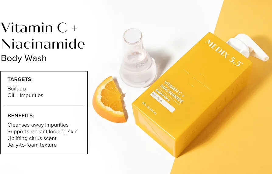 Medix 5.5 Radiant Glow Vitamin C Body Wash W/Niacinamide | Citrus Scented Gentle Body & Face Cleanser For Women, Men, Dry Skin, & Smoother-Looking Skin | Removes Dirt, Oil, & Impurities, 15 Fl Oz