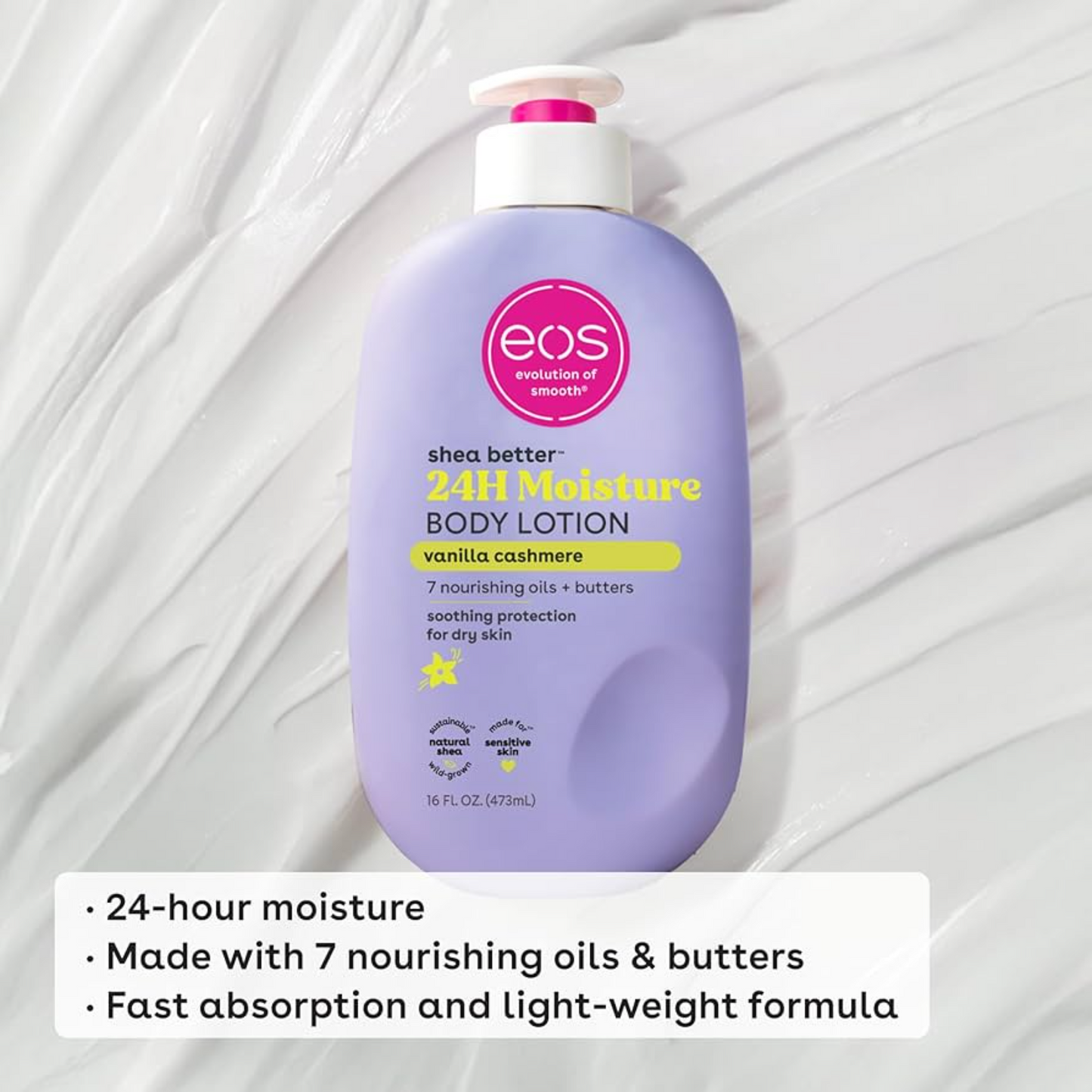 eos Shea Better Body Lotion Vanilla Cashmere, 24-Hour Moisture Skin Care, Lightweight & Non-Greasy, Natural Shea, Vegan, Vanilla Body Lotion, 16 fl oz 500ML