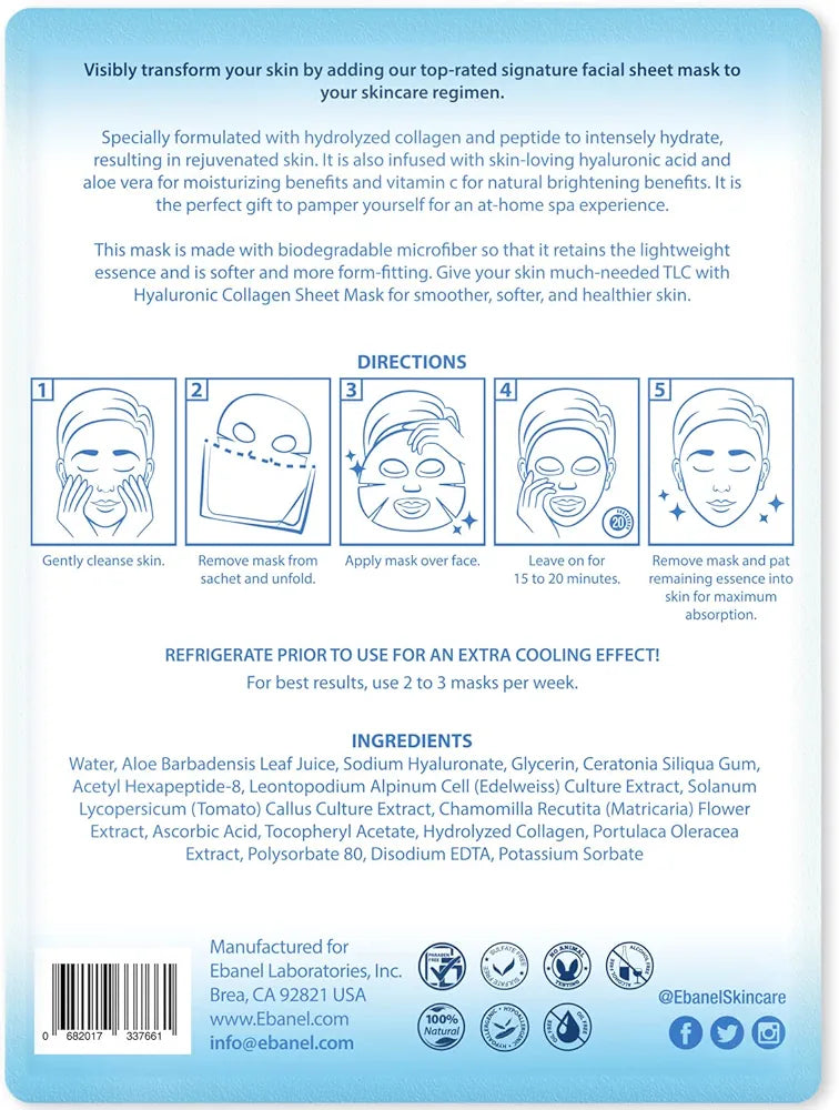 Ebanel 10 Pack Collagen Face Mask with Hyaluronic Acid, Vitamin C, Peptide, Aloe, Instant Brightening Hydrating Face Masks Skincare Korean Sheet Mask, Skin Firming, Lifting Anti Aging Facial Masks