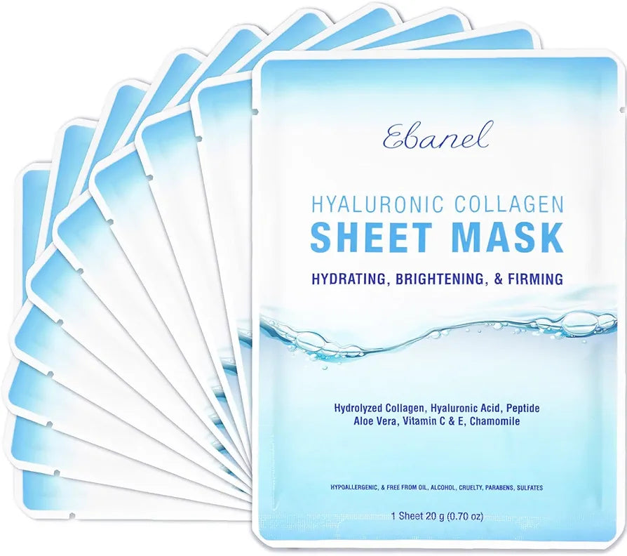 Ebanel 10 Pack Collagen Face Mask with Hyaluronic Acid, Vitamin C, Peptide, Aloe, Instant Brightening Hydrating Face Masks Skincare Korean Sheet Mask, Skin Firming, Lifting Anti Aging Facial Masks