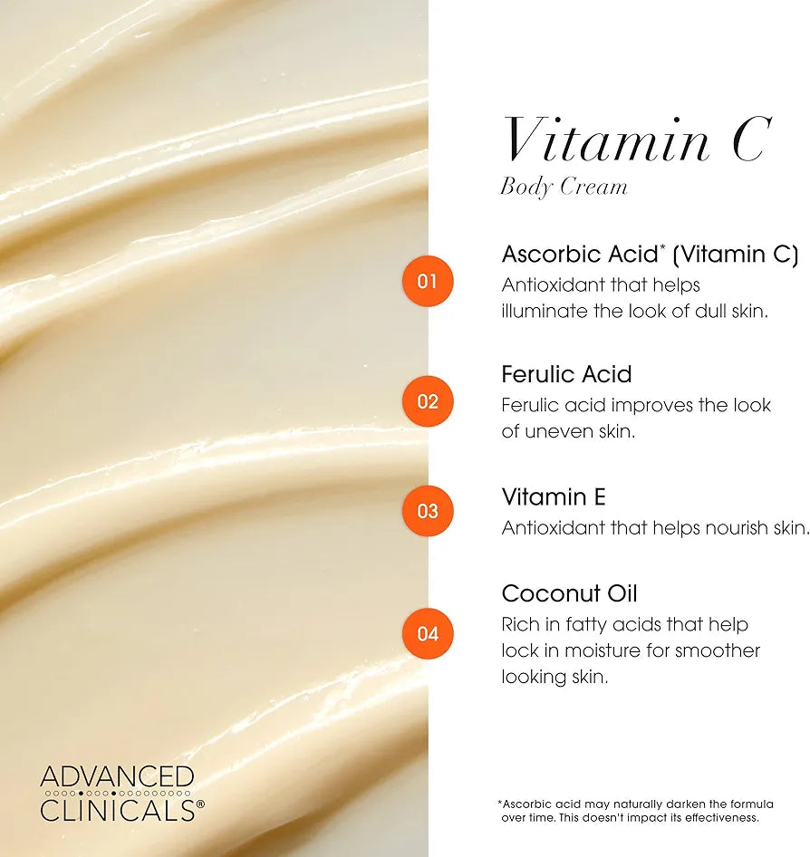 Advanced Clinicals Vitamin C Cream Visibly Brightening Body Lotion | Vitamin C Moisturizer Skin Care Body Cream For Women & Men Helps Visibly Improve Look Of Dark Spots & Uneven Skin Tone