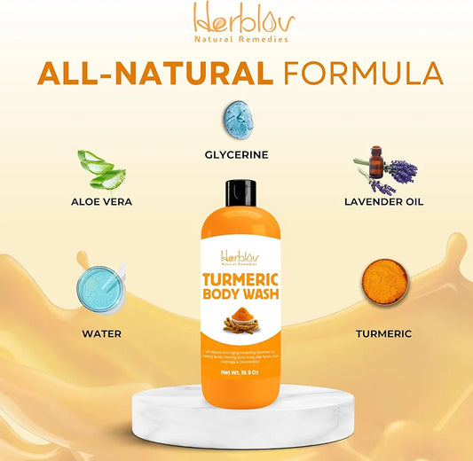 Turmeric Body Wash – Skin Brightening Liquid Soap for Discoloration – Natural Anti Aging Exfoliating Turmeric Body Wash for Spots, Acne, Sun Damage – Bath Soap Skincare