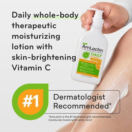AmLactin Daily Vitamin C Lotion – Brightening Body Lotion for Dry Skin - No-Scrub Exfoliator and Moisturizer with 7% Lactic Acid AHA and Vitamin C, 240ML