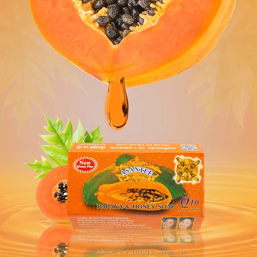 ASANTEE PAPAYA & HONEY Soap Bars with Vitamin C,E and Q10 Skin Cleansing 4.40 Oz