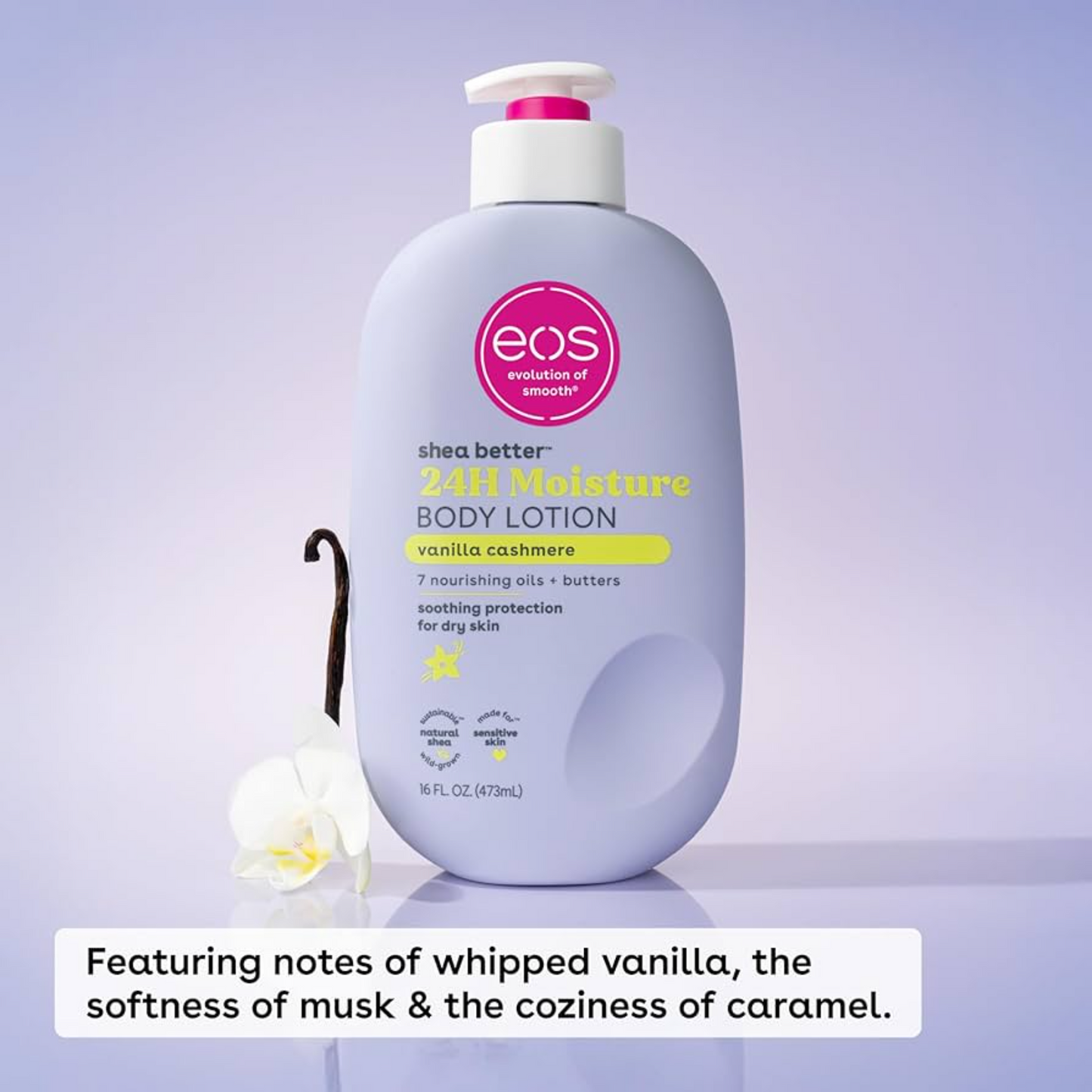 eos Shea Better Body Lotion Vanilla Cashmere, 24-Hour Moisture Skin Care, Lightweight & Non-Greasy, Natural Shea, Vegan, Vanilla Body Lotion, 16 fl oz 500ML