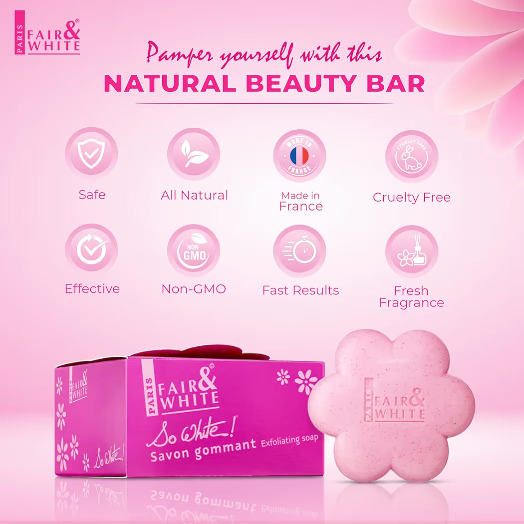 Fair & White So White Skin Brightening Soap - 200g / 7 oz - Exfoliating Soap, Helps to Reduce Blemishes on: Body, Knees, Underarms, Armpit