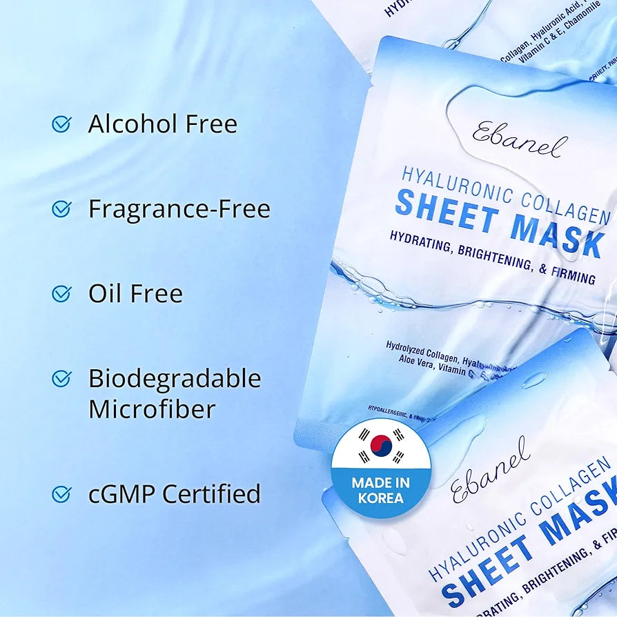 Ebanel 10 Pack Collagen Face Mask with Hyaluronic Acid, Vitamin C, Peptide, Aloe, Instant Brightening Hydrating Face Masks Skincare Korean Sheet Mask, Skin Firming, Lifting Anti Aging Facial Masks