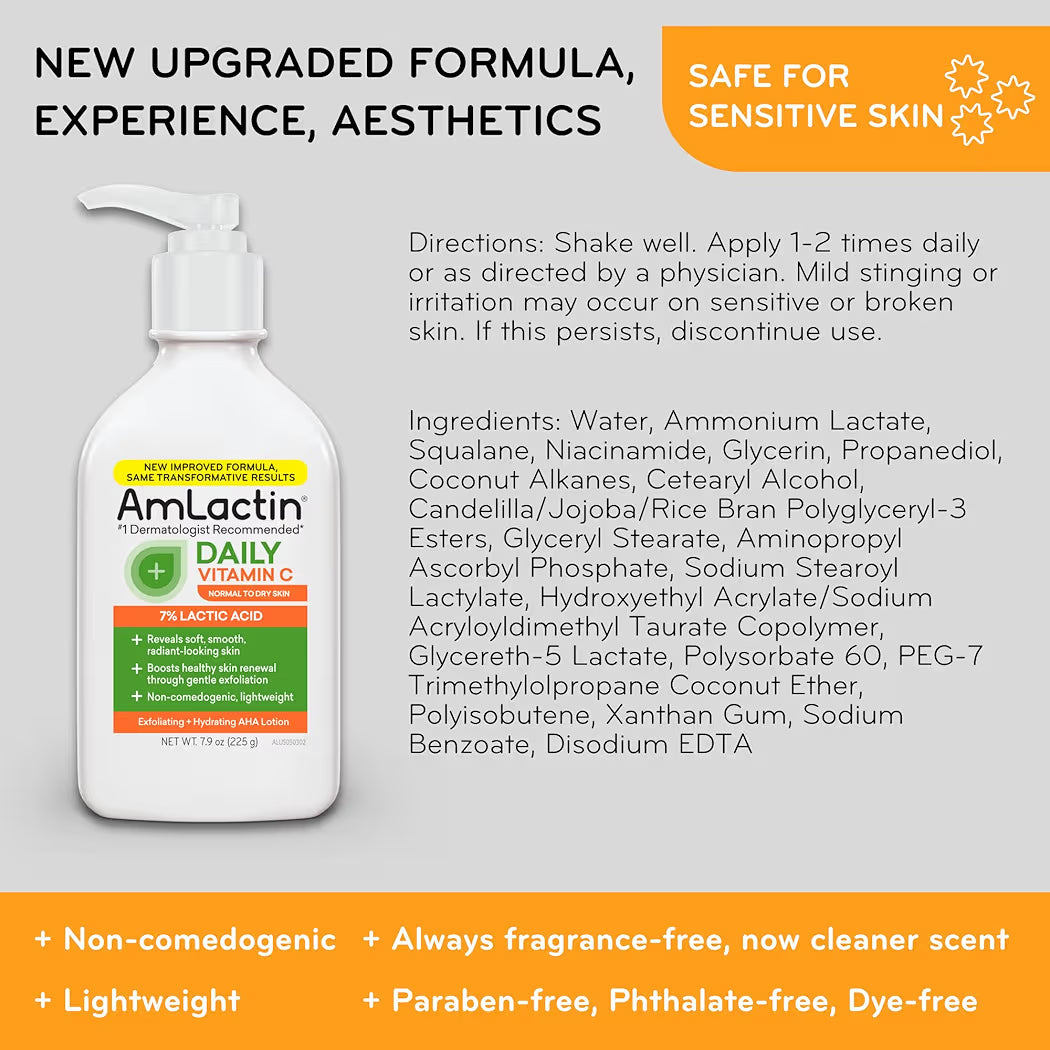 AmLactin Daily Vitamin C Lotion – Brightening Body Lotion for Dry Skin - No-Scrub Exfoliator and Moisturizer with 7% Lactic Acid AHA and Vitamin C, 240ML