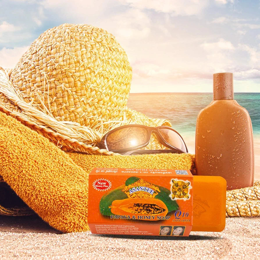 ASANTEE PAPAYA & HONEY Soap Bars with Vitamin C,E and Q10 Skin Cleansing 4.40 Oz