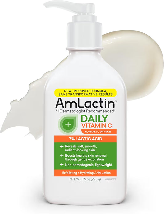 AmLactin Daily Vitamin C Lotion – Brightening Body Lotion for Dry Skin - No-Scrub Exfoliator and Moisturizer with 7% Lactic Acid AHA and Vitamin C, 240ML